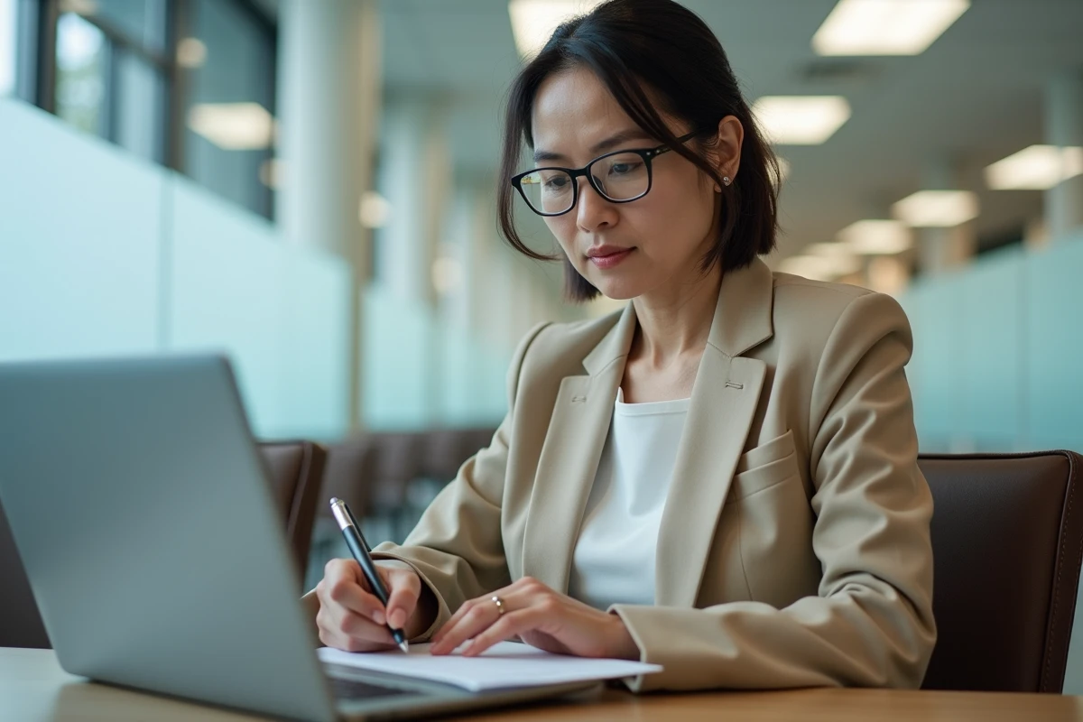 Femme en train de compléter un formulaire de renouvellement de permis de conduire dans un espace administratif public avec un ordinateur portable