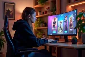 Jeune femme concentrée jouant à Sims 4 avec le mod Wicked sur un PC gaming dans un bureau cosy