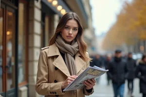 Femme parisienne élégante feuilletant un magazine sur un boulevard haussmannien à Paris en automne