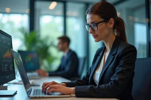 Femme professionnelle en blazer travaillant sur un ordinateur en bureau moderne