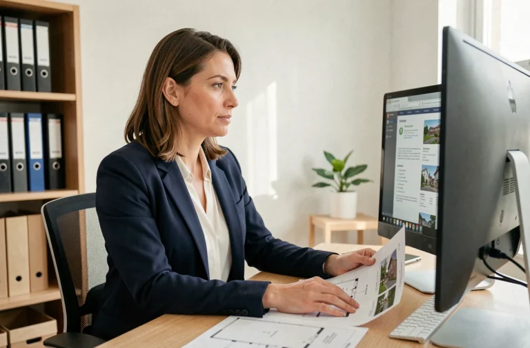 Femme professionnelle consultant un projet immobilier sur ordinateur dans un bureau moderne
