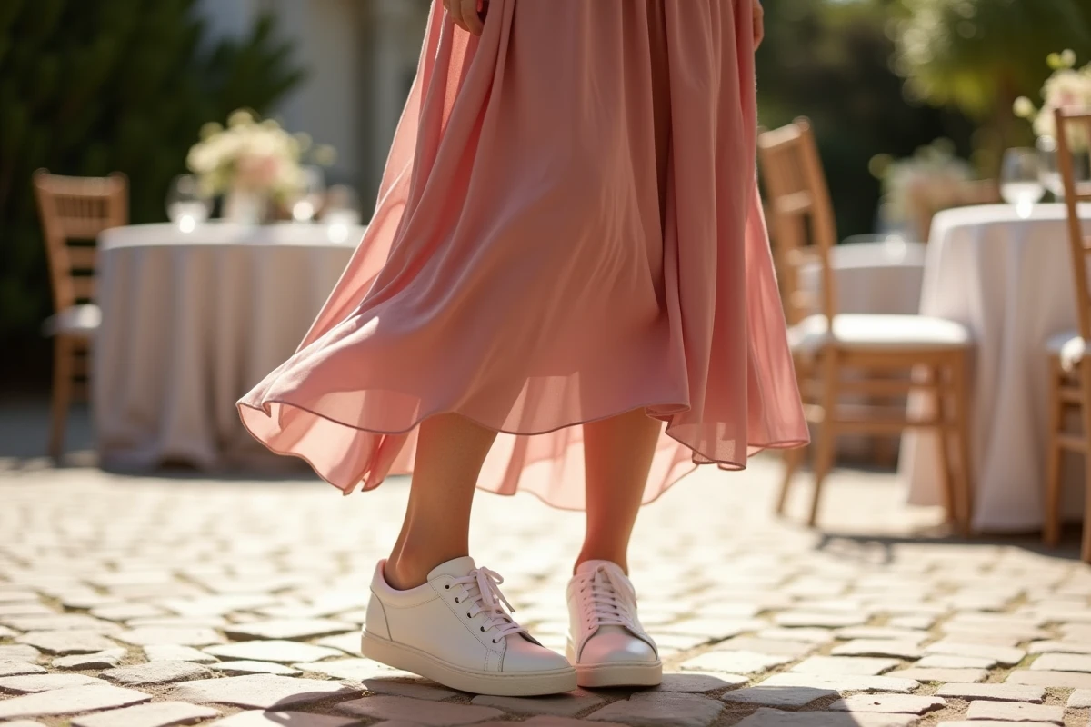 Femme en robe de demoiselle d'honneur rose et sneakers blanches lors d'un mariage en plein air