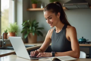 Femme sportive en cuisine prenant des notes sur son ordinateur