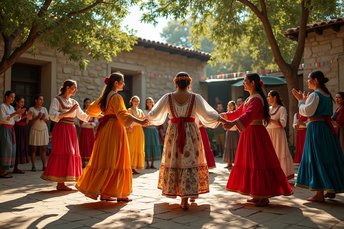 Groupe de romani en fête dans une cour avec danse et guirlandes colorées
