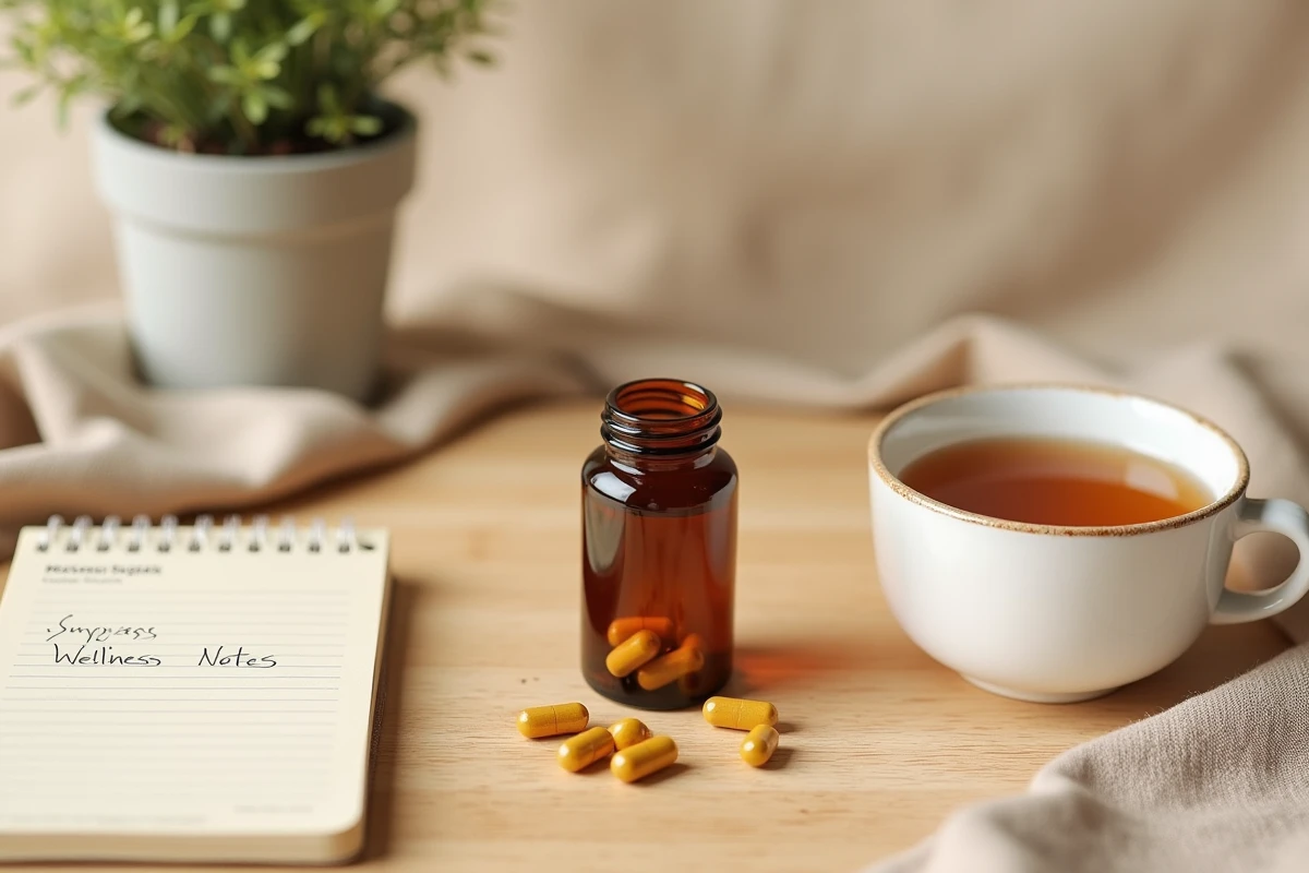 Vue du dessus d'un flacon de complément hépatique avec des capsules et un carnet de notes bien-être sur bois naturel