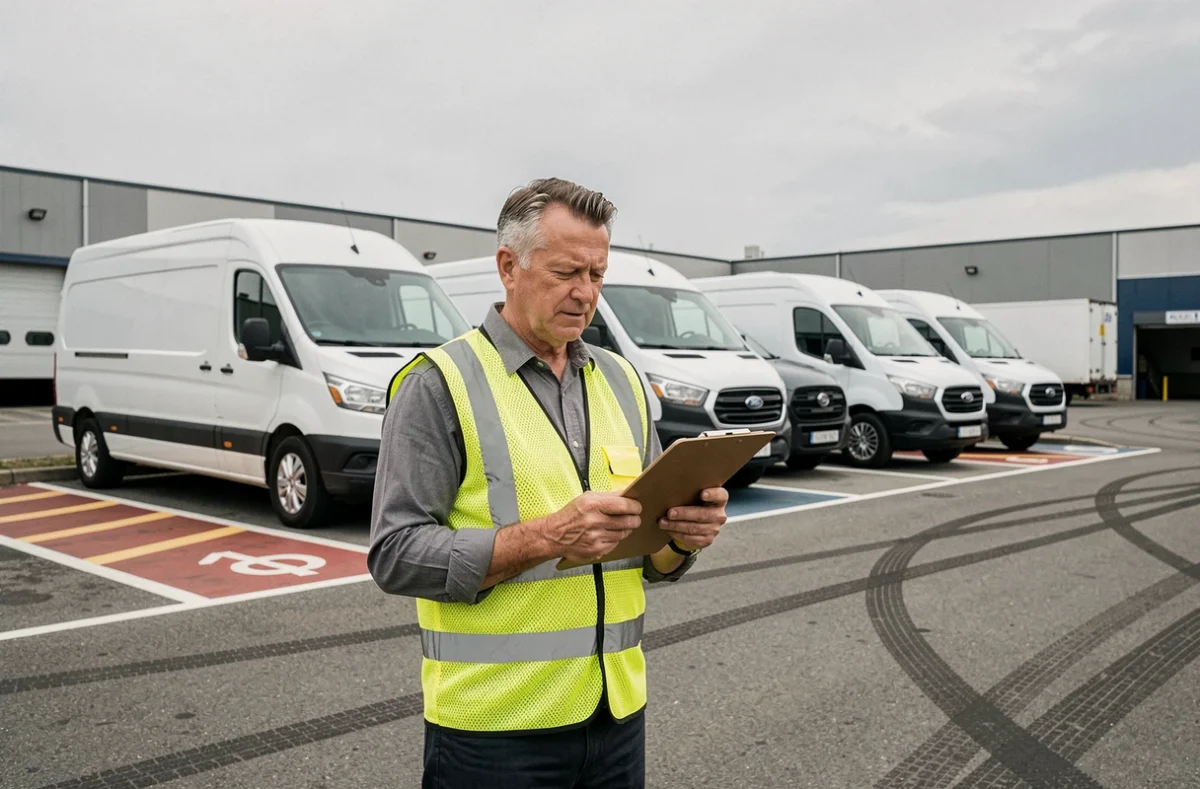 Gestionnaire de flotte automobile professionnel inspectant des véhicules utilitaires dans un dépôt logistique