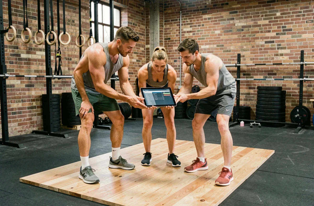 Groupe de sportifs en salle de crossfit consultant un programme d'entraînement sur tablette entourés d'équipements de musculation