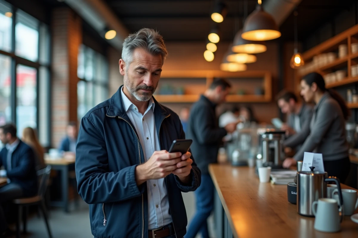 Homme lisant les tendances et actualités médias sur son smartphone dans un café urbain