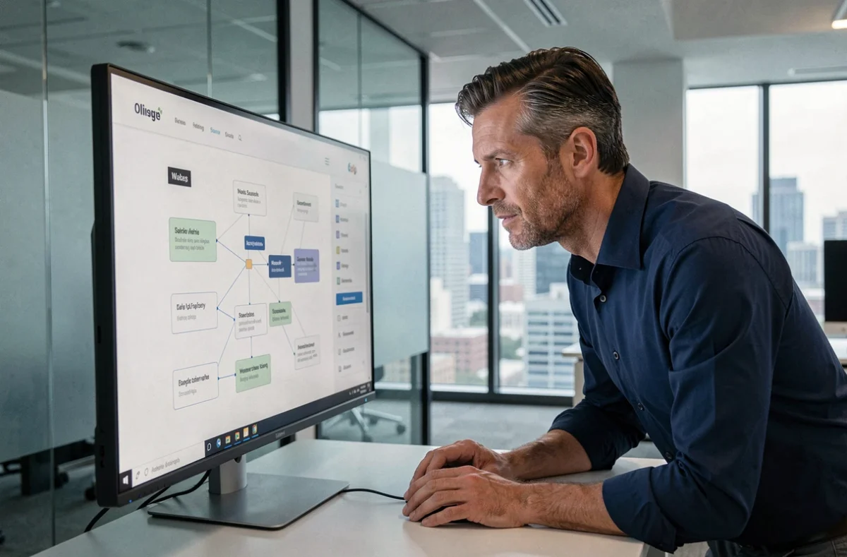 Homme analysant un plan de navigation de site web sur un grand écran dans un bureau moderne