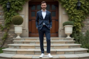 Homme en costume bleu marine et sneakers blanches devant une salle de mariage élégante