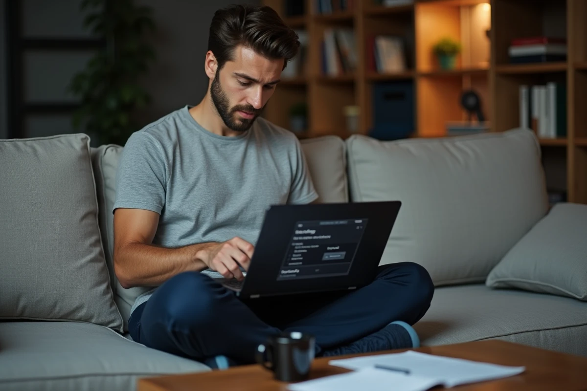 Homme installé sur un canapé configurant des mods avancés pour Sims 4 Wicked sur son laptop