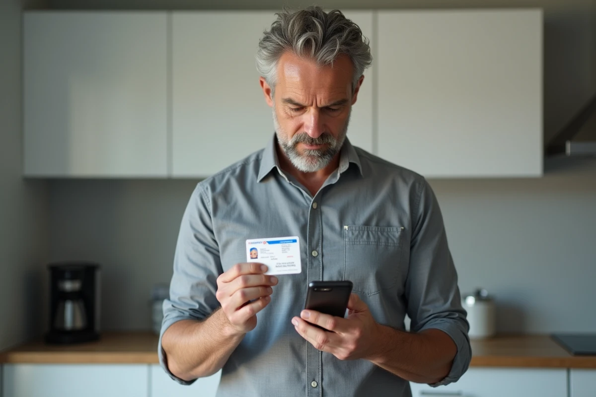 Homme consultant son permis de conduire français tout en utilisant son smartphone pour une démarche administrative en ligne