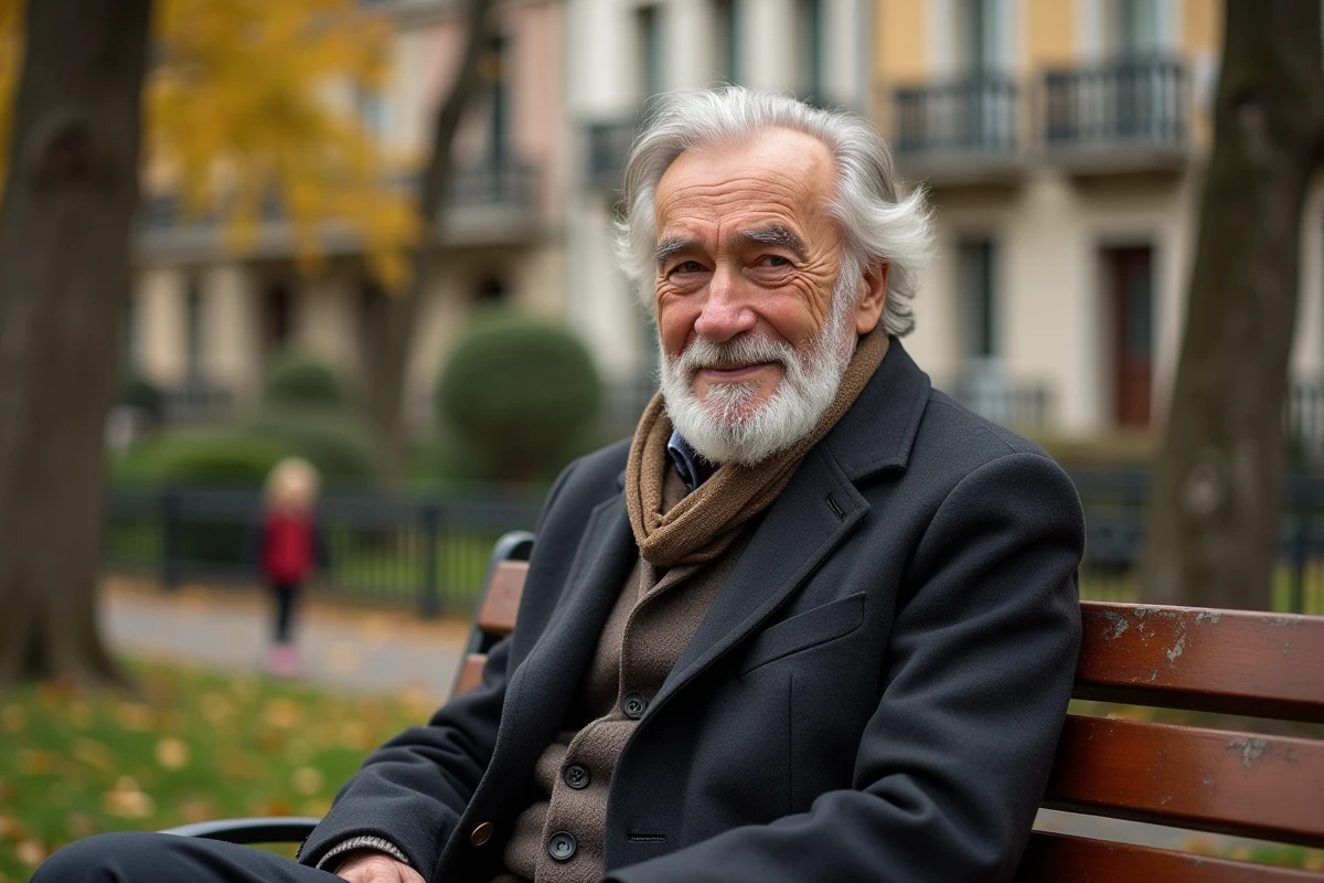 Homme âgé assis sur un banc dans un parc à Angoulême