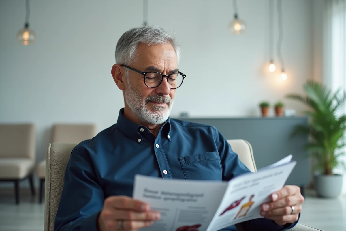Homme senior consultant une brochure sur les compléments hépatiques dans une salle d'attente médicale