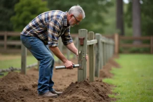 Homme d'âge moyen travaillant dans un jardin rural avec une masse