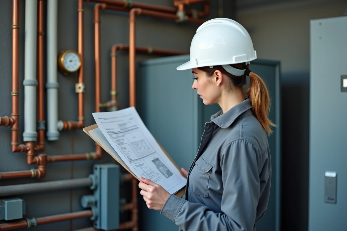 Ingénieure vérifiant les plans d'installation du circuit hydraulique d'une pompe à chaleur en local technique