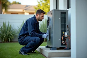 Technicien installant une pompe à chaleur air eau sur plots béton à l'extérieur d'une maison moderne