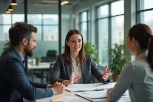 Jeune femme entrepreneure en réunion dans un bureau moderne