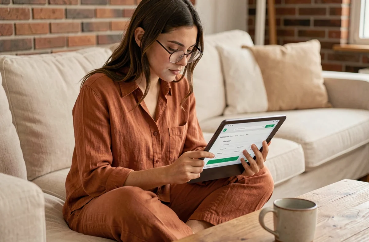 Jeune femme parcourant un plan de site sur une tablette confortablement installée dans un salon