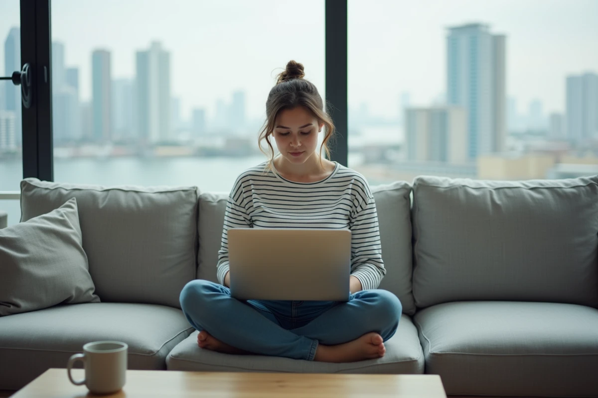 Jeune femme suivant les tendances tech et médias sur un ordinateur portable dans un salon moderne