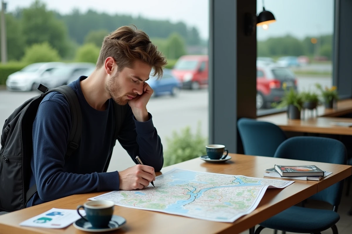 Jeune homme tracant un itinéraire dans un café