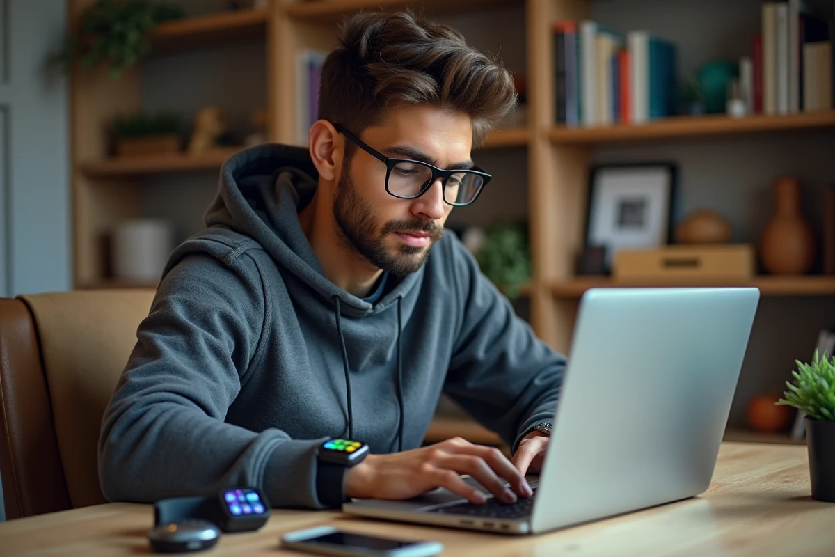 Jeune homme concentré avec gadgets tech dans un bureau moderne