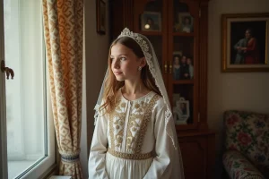 Jeune mariée romani en robe traditionnelle et voile dans un intérieur familial