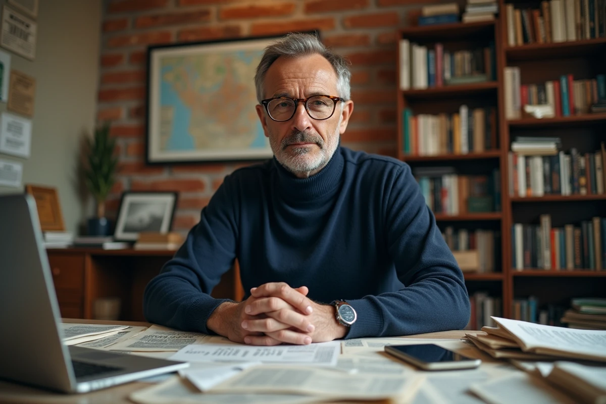 Journaliste masculin travaillant dans une salle de rédaction parisienne entourée de coupures de presse et d'une carte de Paris