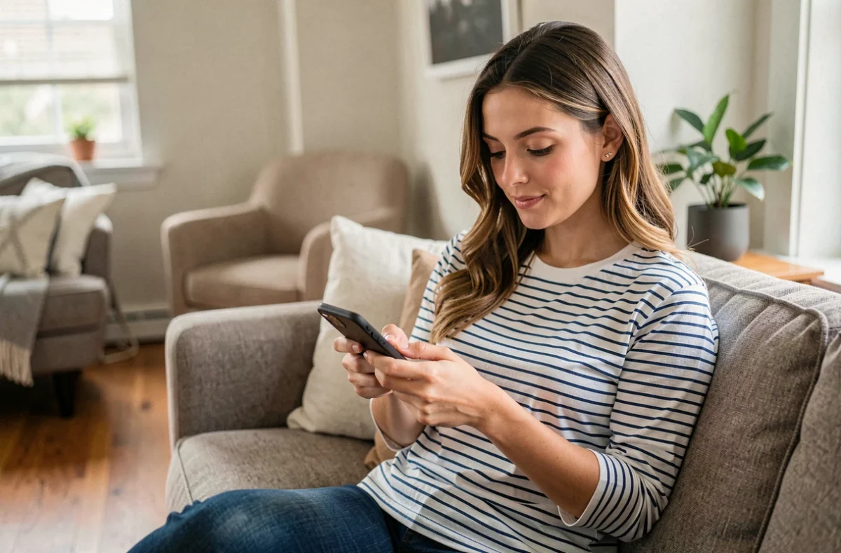 Maman envoyant un message à l'équipe Maman et Moi depuis son salon via smartphone