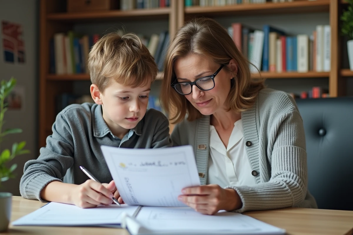 Mère aidant son fils à comprendre et calculer la moyenne du bulletin scolaire à la maison