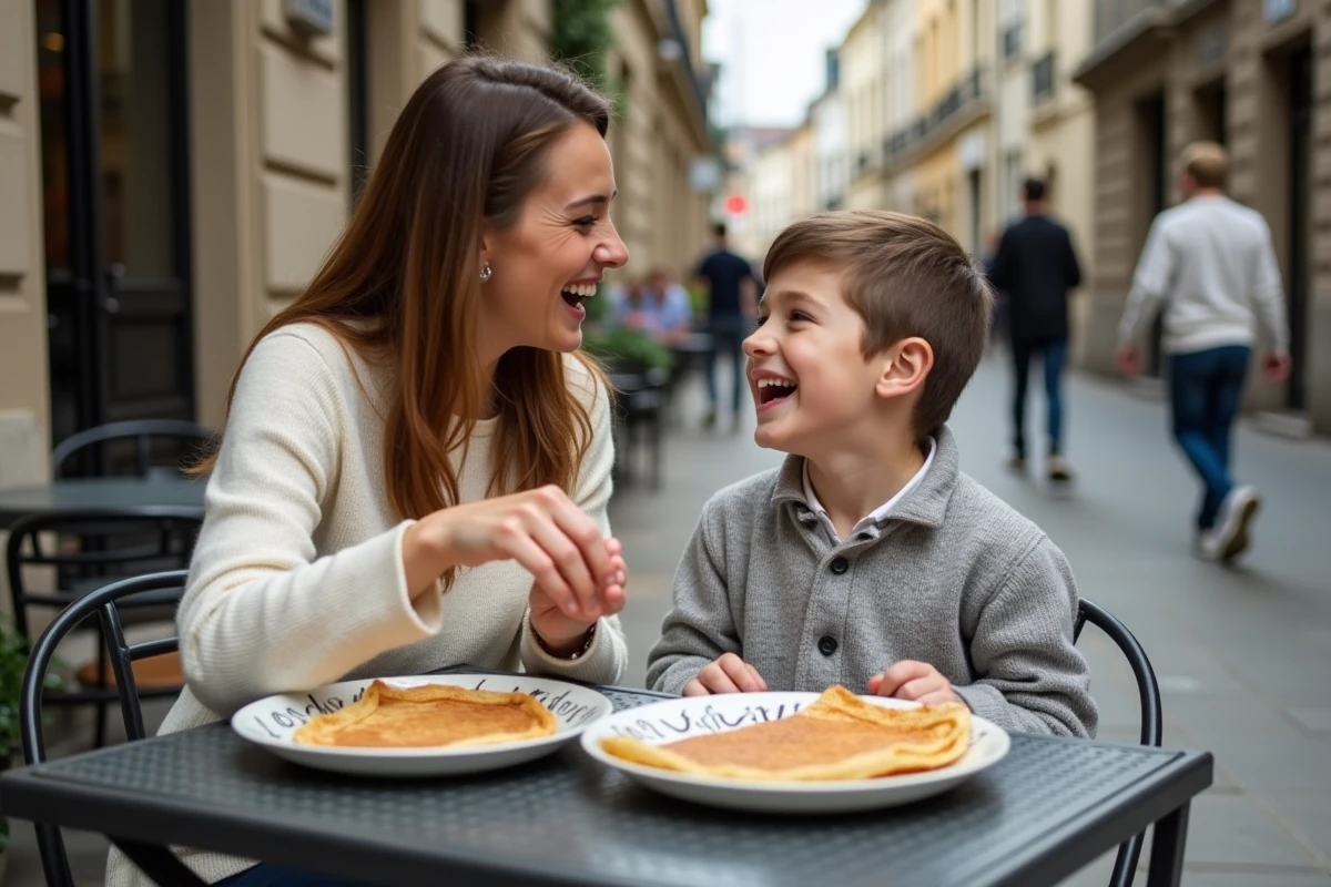 Mère et fils partageant des crêpes en terrasse à Nantes