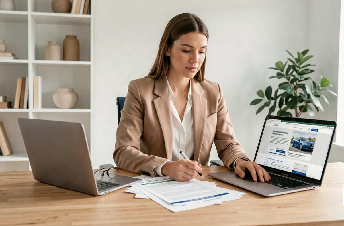 Femme particulier comparant des solutions auto en ligne depuis son bureau à domicile avec documents et ordinateur portable