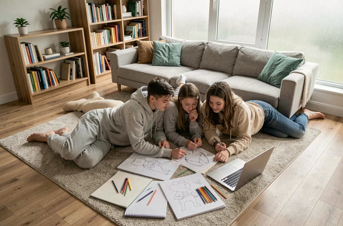 Père et adolescents partagent une activité créative sur le tapis du salon, dessin et collaboration en famille le weekend