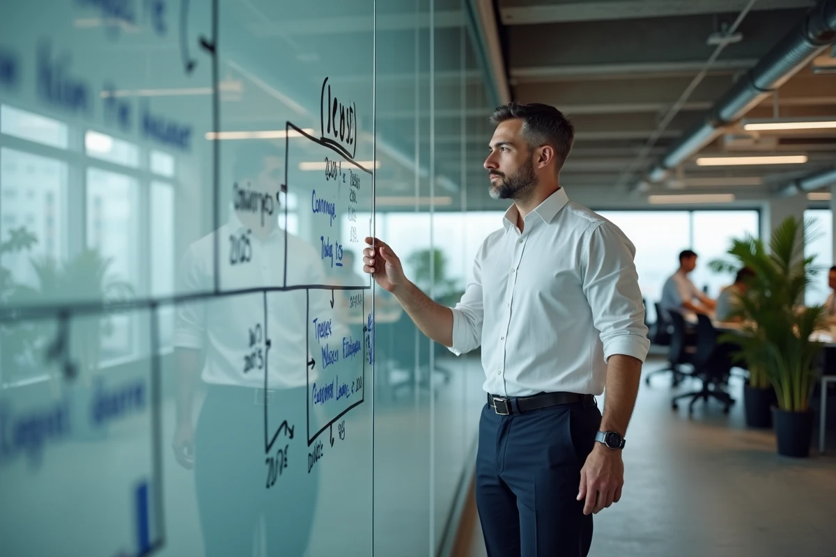 Homme d'affaires présentant des évolutions réglementaires 2025 devant un tableau blanc dans un open space professionnel