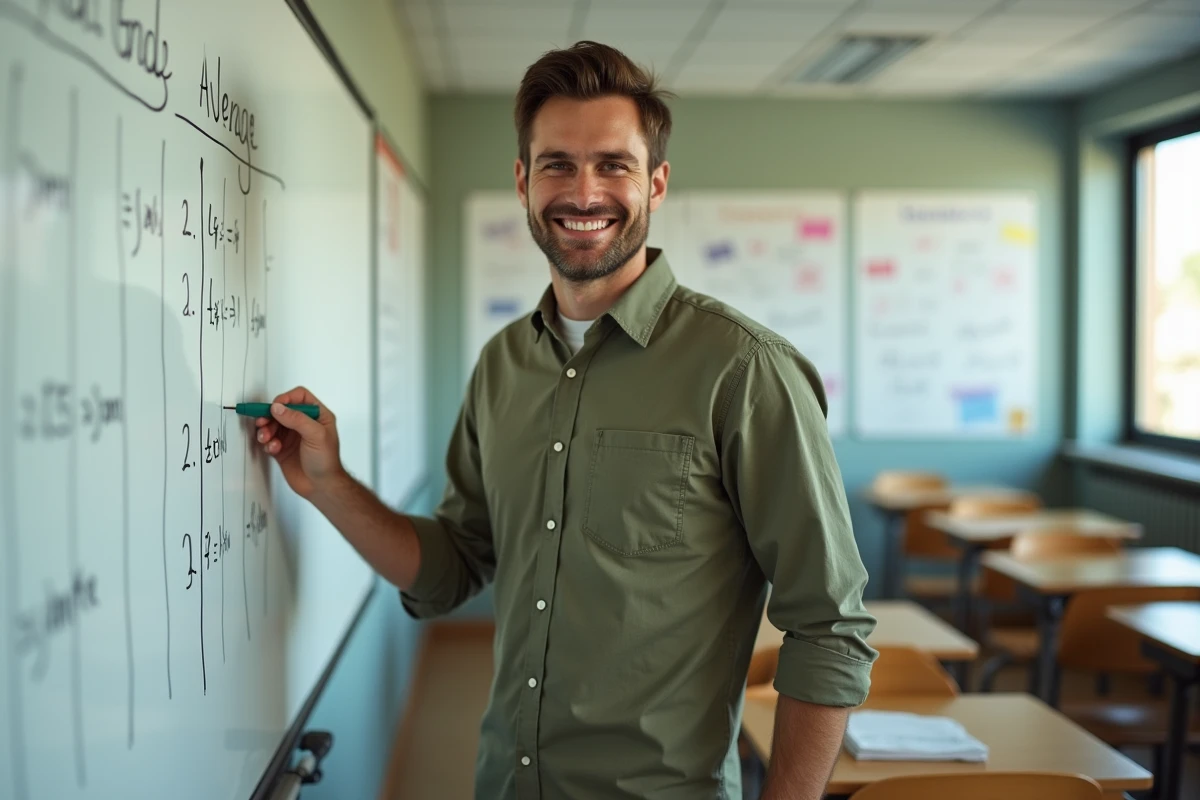 Professeur expliquant le calcul de la moyenne scolaire au tableau blanc dans une salle de classe