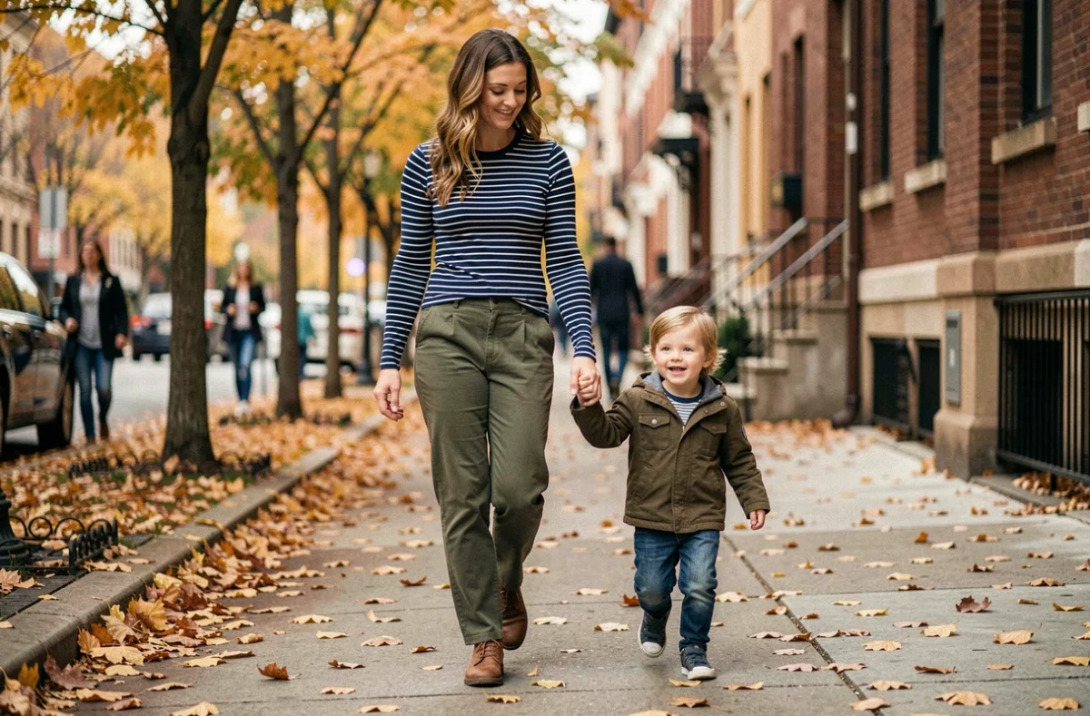 Femme et jeune enfant se promenant main dans la main sur un trottoir en automne, illustration du lien quotidien adulte-enfant