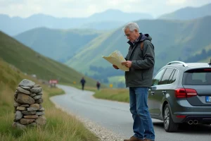Homme en randonnée vérifiant une carte dans les Pyrénées