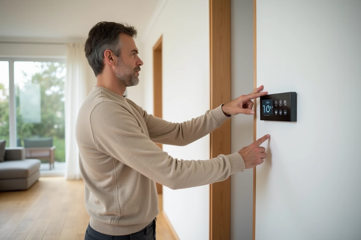 Propriétaire réglant le thermostat connecté d'une pompe à chaleur air eau dans un salon contemporain