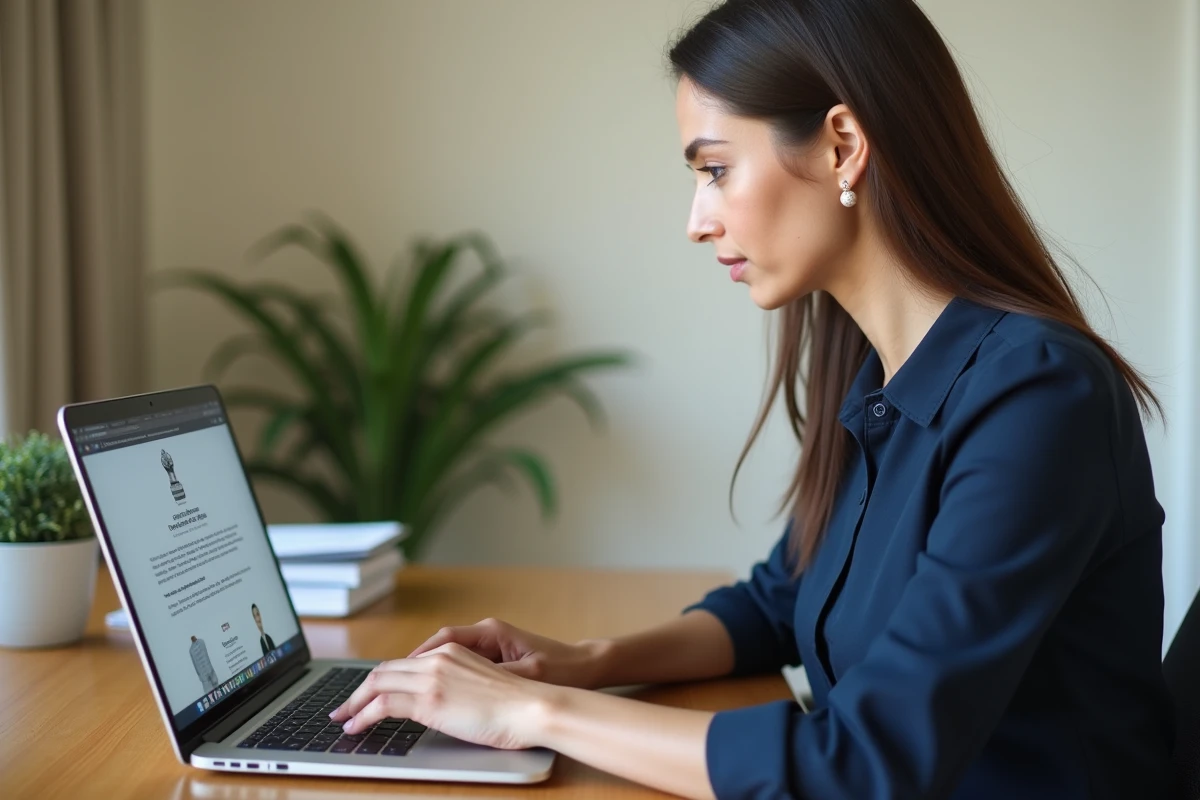 Femme renouvellant son permis de conduire en ligne sur un ordinateur portable depuis son bureau à domicile