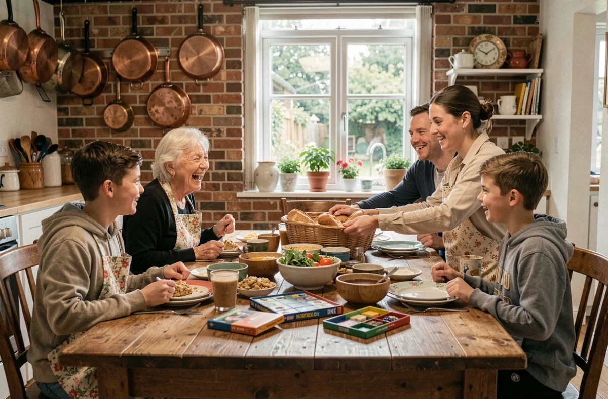 Famille multigénérationnelle réunie autour d'un repas convivial fait maison dans une cuisine chaleureuse et authentique