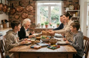 Famille multigénérationnelle réunie autour d'un repas convivial fait maison dans une cuisine chaleureuse et authentique