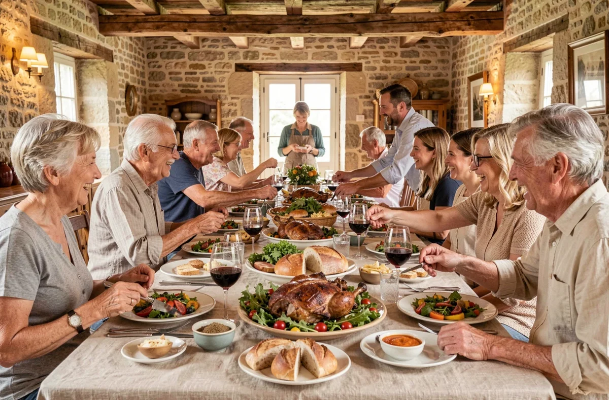 Repas en famille autour d'une grande table de ferme avec des plats généreux et conviviaux dans une salle à manger rustique