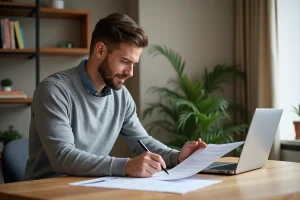 Homme signant un formulaire de résiliation de contrat internet à son bureau à domicile