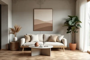 Salon moderne scandinave avec canapé en lin crème, table basse en béton et parquet en chêne chevrons pour une déco intérieure épurée