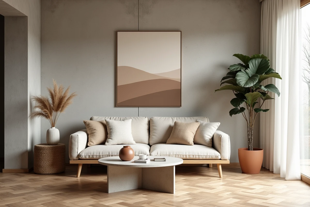 Salon moderne scandinave avec canapé en lin crème, table basse en béton et parquet en chêne chevrons pour une déco intérieure épurée