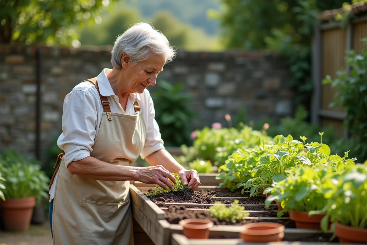 Femme senior de 60 ans jardinent des légumes biologiques dans un potager en bois avec des herbes aromatiques et des pots en terre cuite