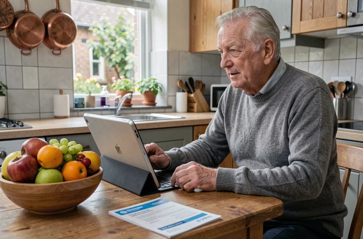 Homme âgé utilisant une tablette de téléassistance remboursée par sa mutuelle dans sa cuisine