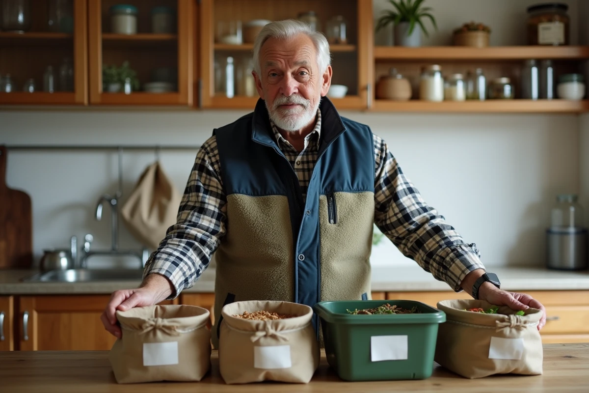 Homme senior triant des déchets recyclables dans une cuisine moderne avec des bacs de tri, des bocaux en verre et un sac à provisions réutilisable