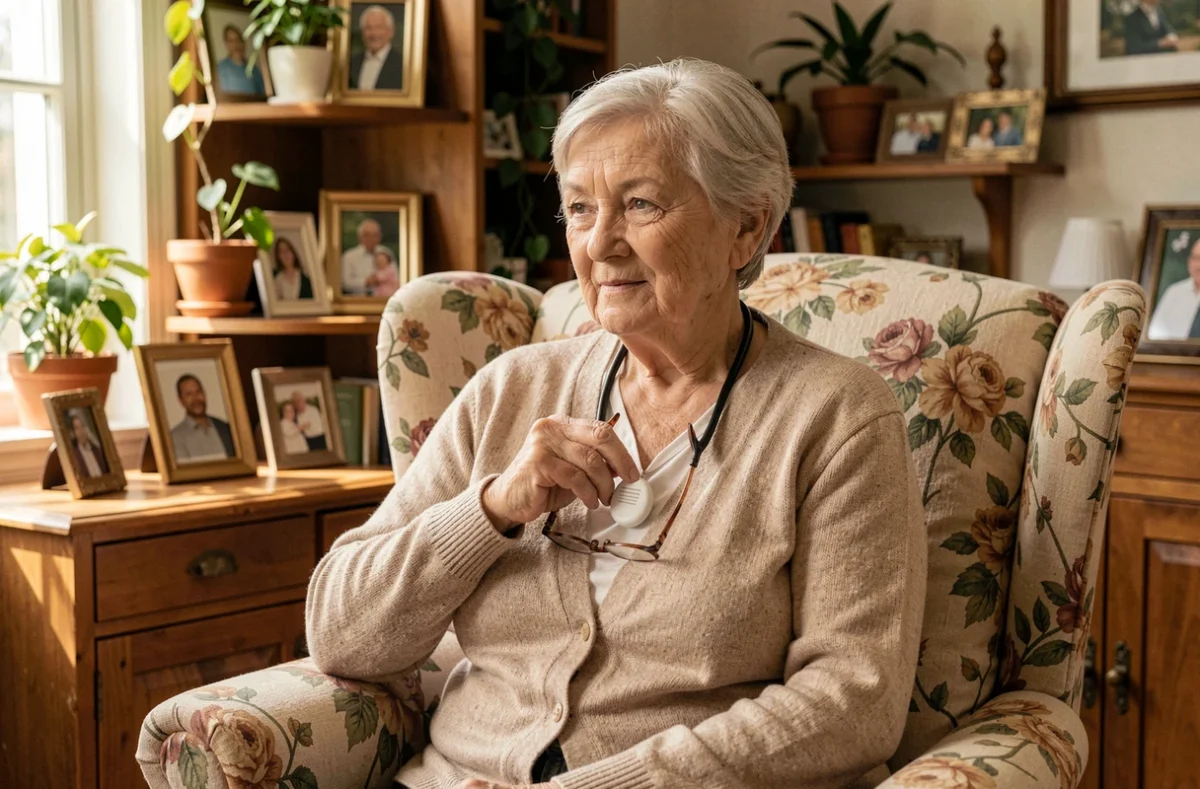 Senior femme âgée appuyant sur son bouton de téléassistance à domicile dans un salon confortable