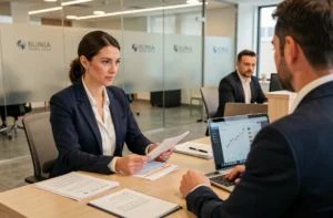 Une conseillère bancaire et une cliente discutant de services financiers dans une agence bancaire moderne